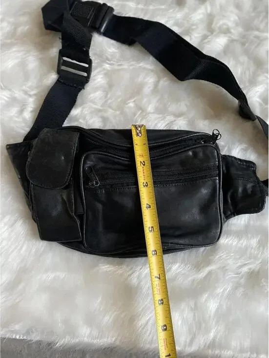Black Leather Waist Bag with Multiple Zipper Pockets - Picture 4 of 5